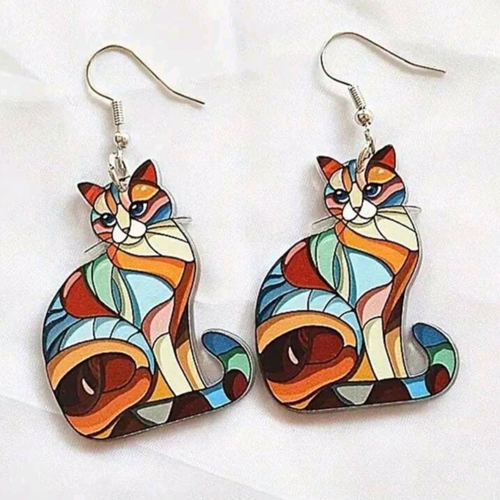 😻HP! Colorful Cat Mosaic Dangle Drop Earrings New!